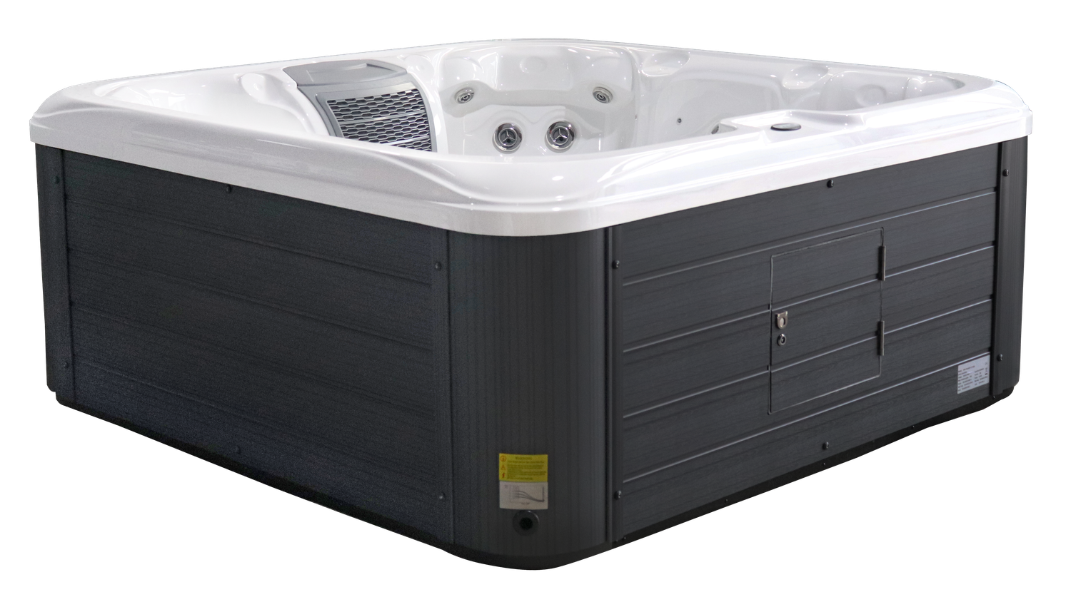 Dark gray and white hot tub with multiple jets.