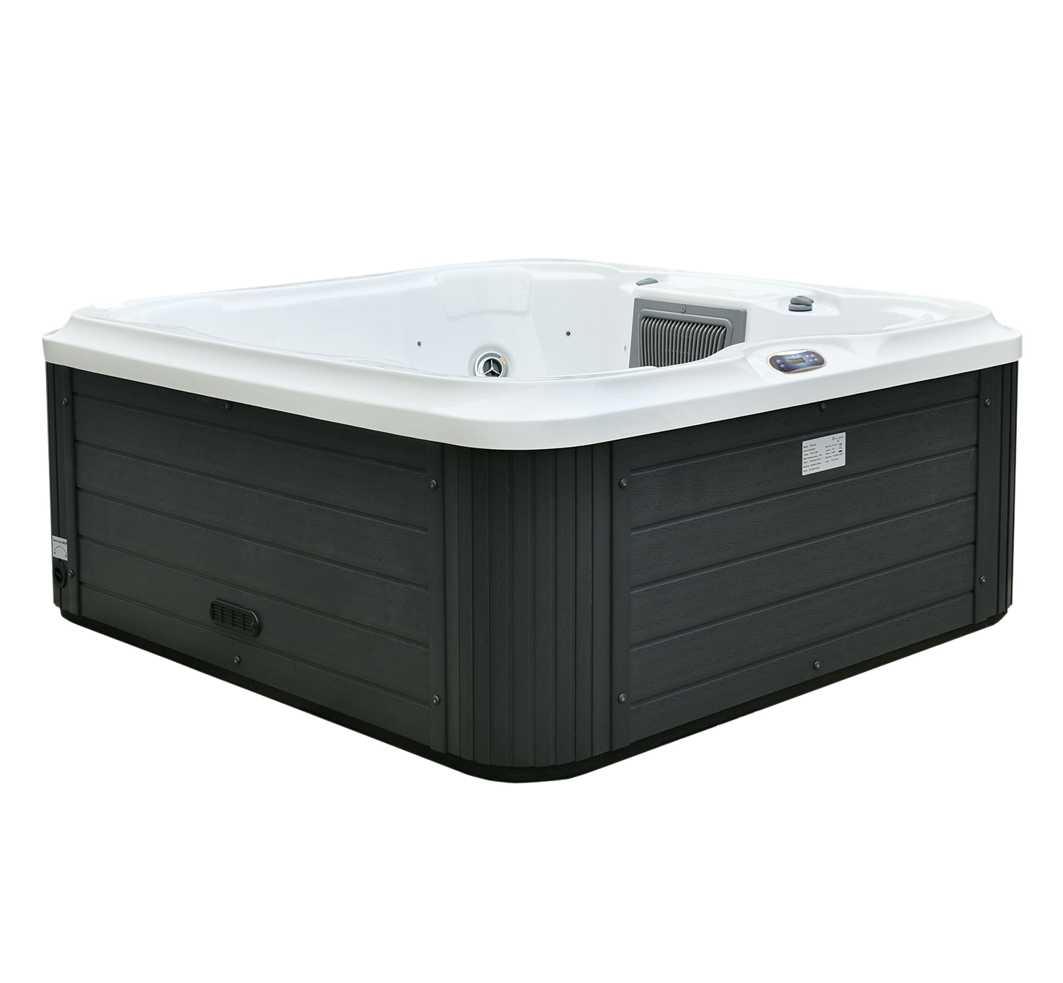 A dark-sided square hot tub with a white interior.