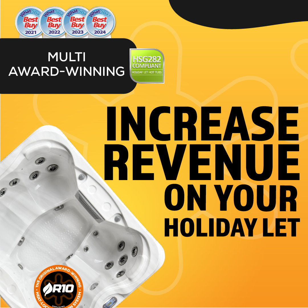 Ad: Hot tub, award logos, and text 
