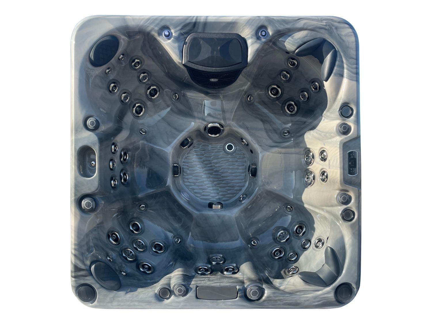 Overhead view of a square hot tub with multiple jet seats and a gray and blue marbled interior.