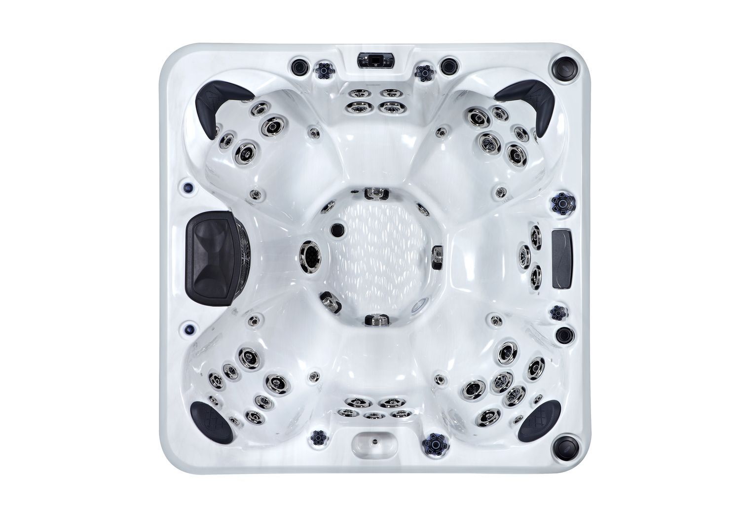 Overhead view of a white, square hot tub with multiple jets and seating areas.