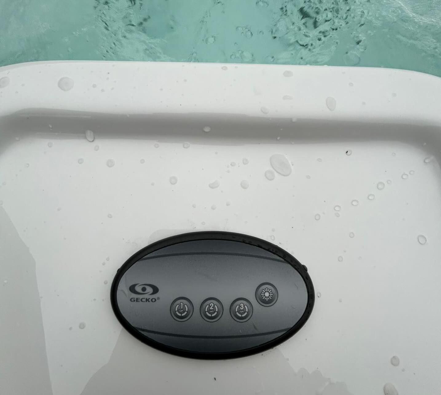 White hot tub rim with a black control panel, partially submerged in water.