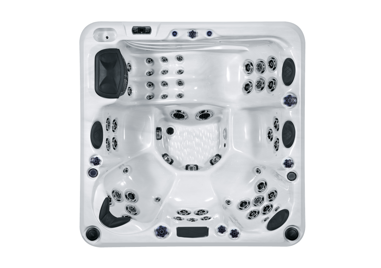 Overhead view of a white, square hot tub with multiple jets, seating areas, and a control panel.