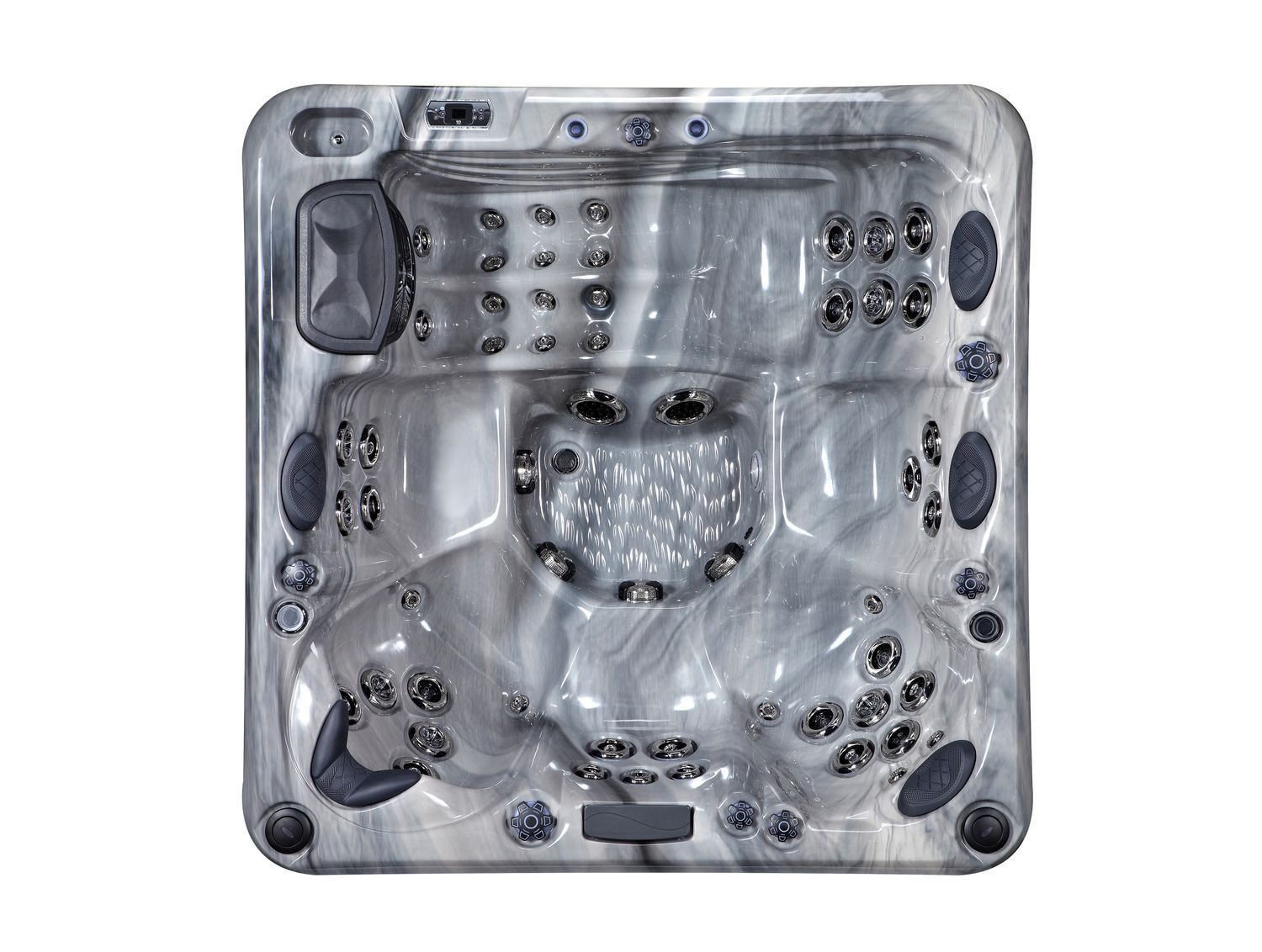 Overhead view of a gray and white marble-patterned hot tub with multiple seating areas and jet nozzles.