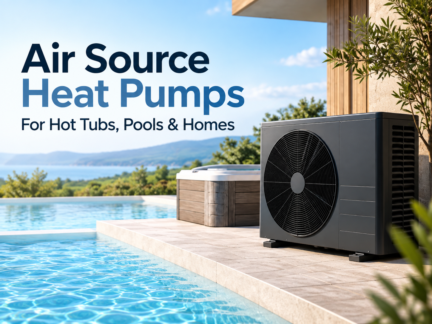 Air source heat pump beside a pool with “For Hot Tubs, Pools & Homes” text