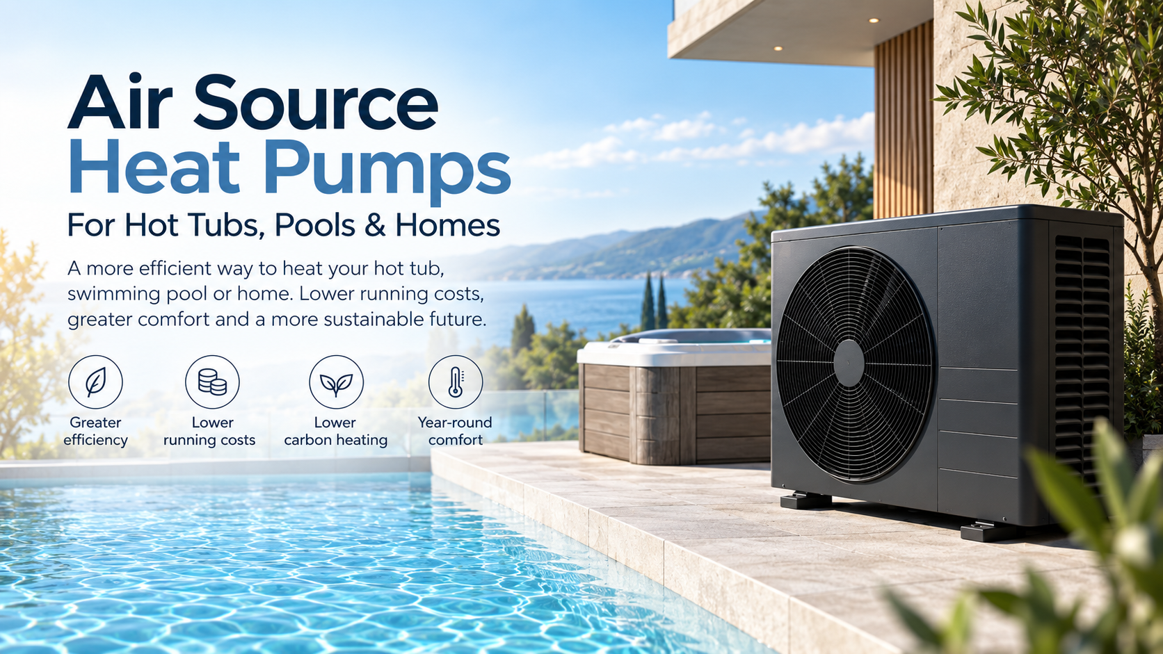 Air source heat pump beside a pool, with text promoting efficient heating for hot tubs, pools and homes