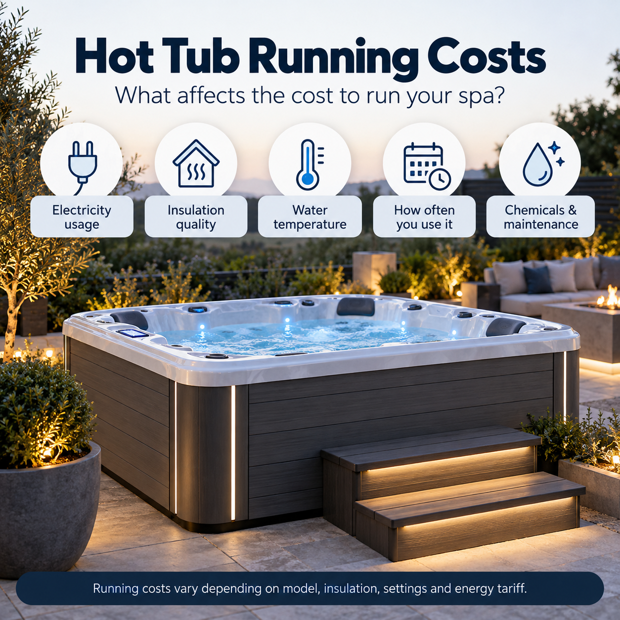 Infographic on hot tub running costs with spa photo and icons for electricity, insulation, water temp, use, chemicals, maintenance