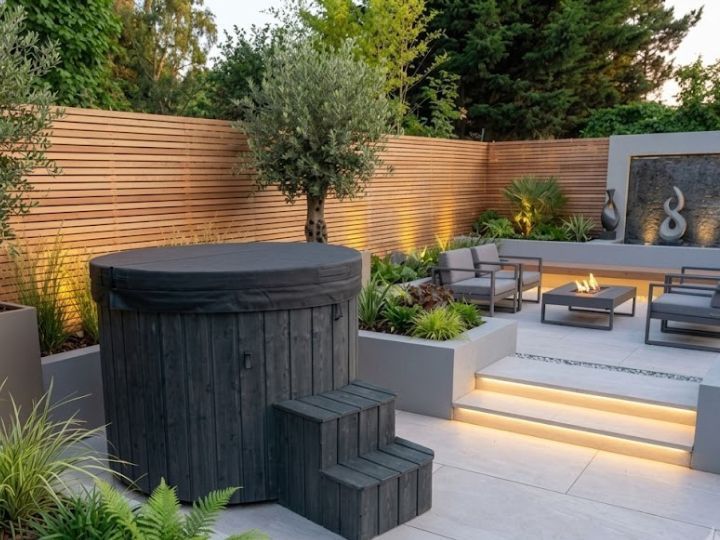 cooling down in a Luso Spas ice tub outdoor cold plunge pool in a sunny UK garden.