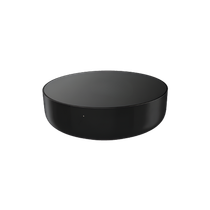 Objet noir, circulaire, en forme de palet, à surface lisse et réfléchissante.