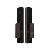 Serrure de porte intelligente avec clavier et poignée marron et noire.