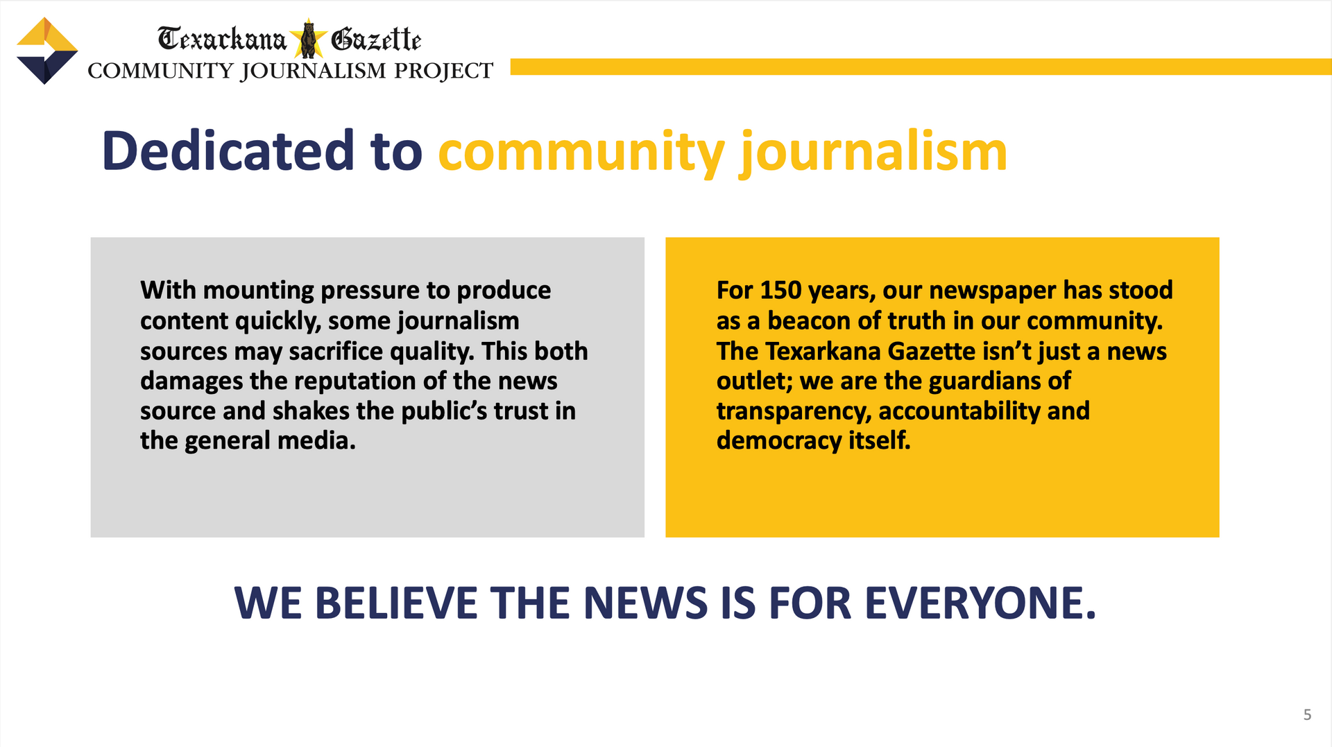 A slide that says dedicated to community journalism and we believe the news is for everyone