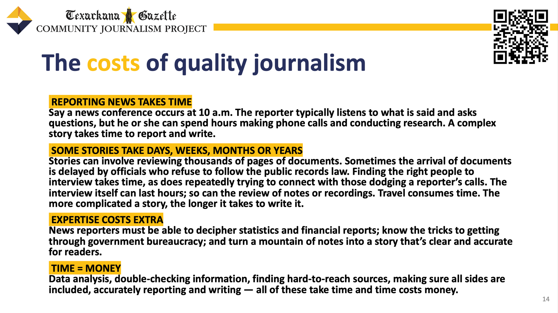 A white paper with the words the costs of quality journalism on it