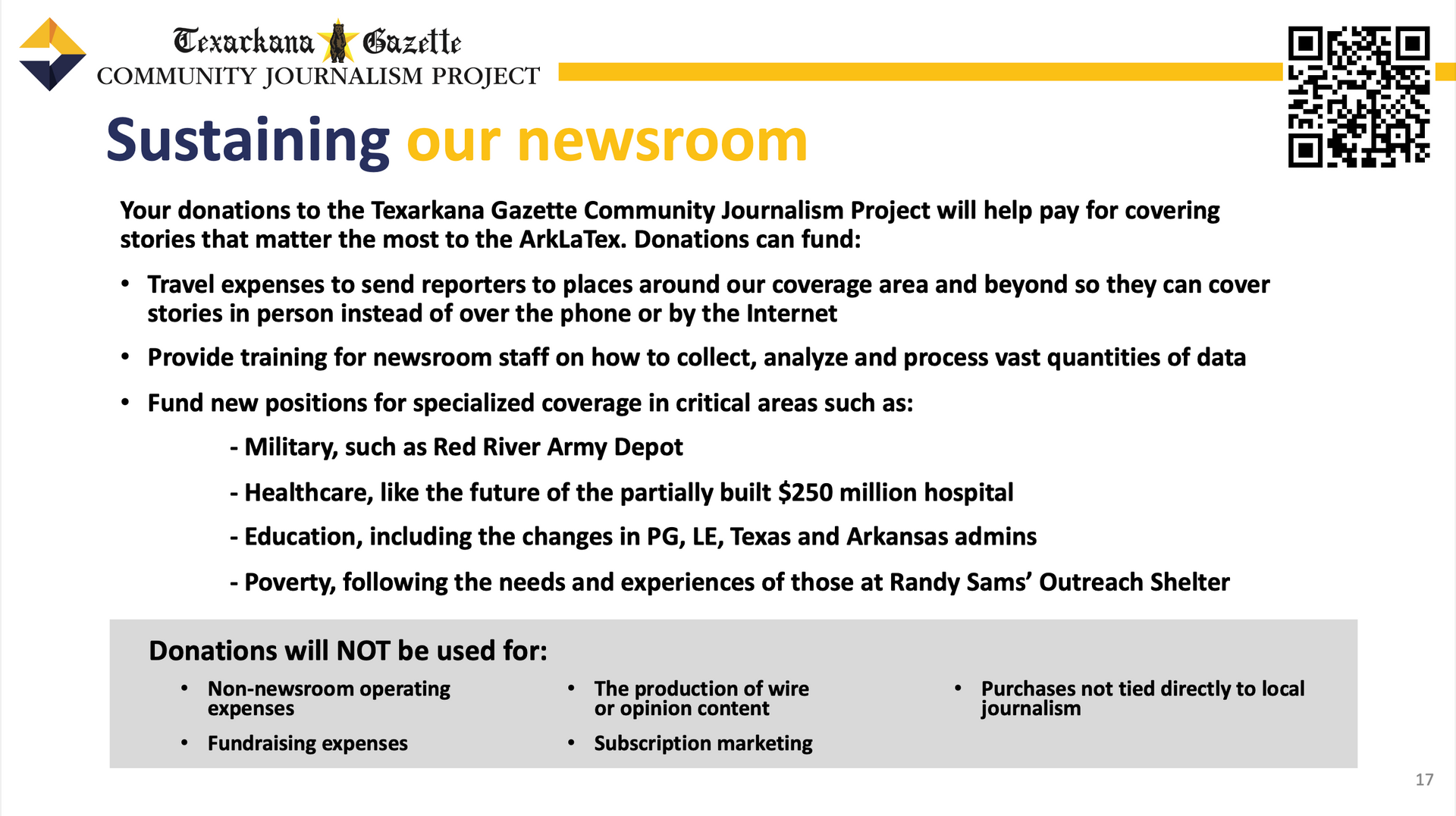 A poster that says ' sustaining our newsroom ' on it