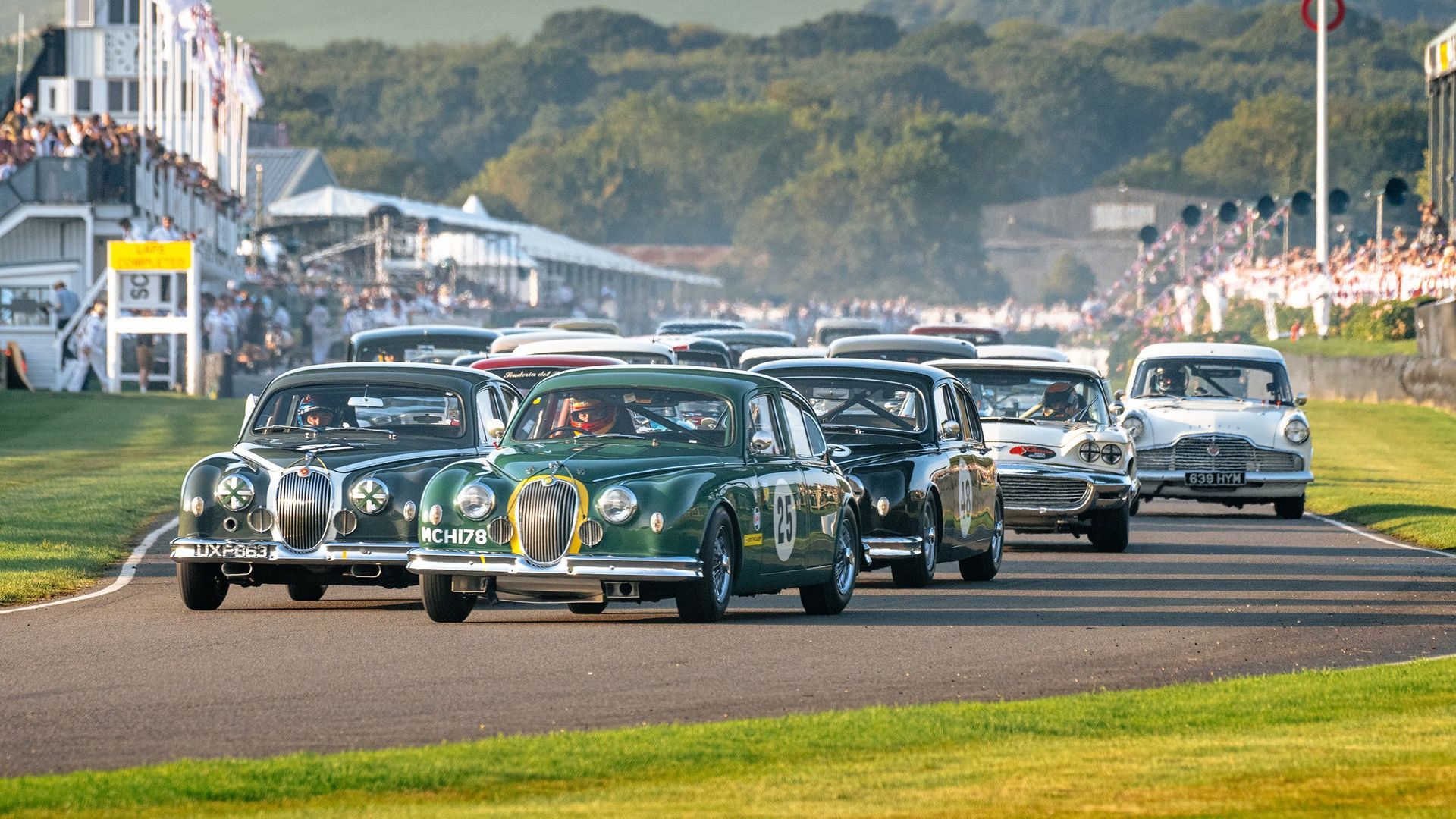 Goodwood revival green and white cars on the motorcircuit