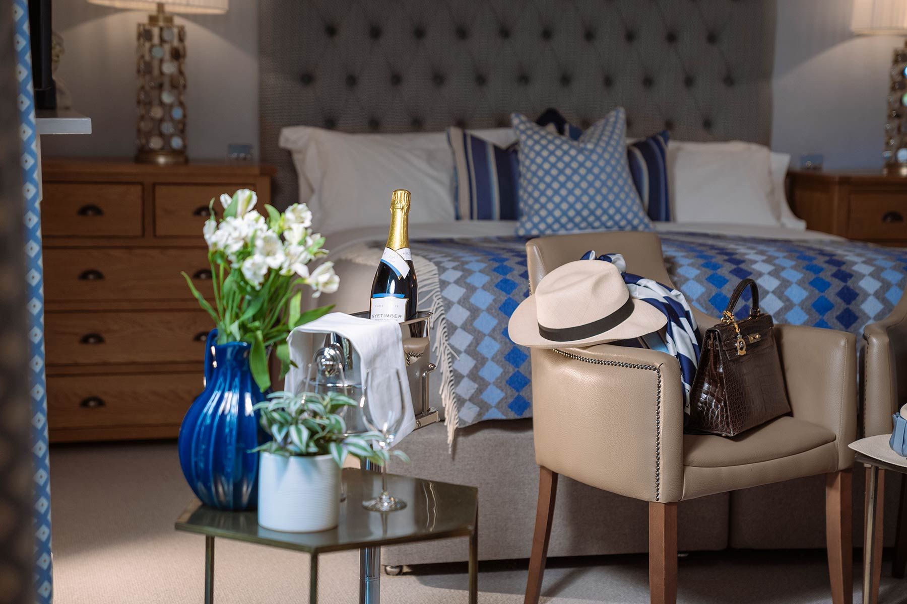 Bed and chair with wine