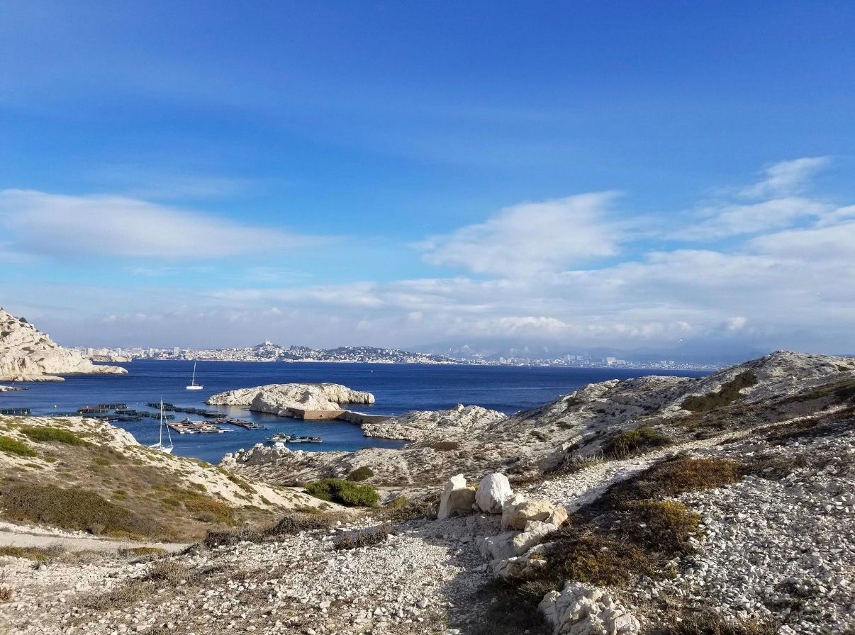 Seaside coastline under a blue sky, with calm water and distant buildings on the horizon. - Ratonneau Isle, Marseille, France