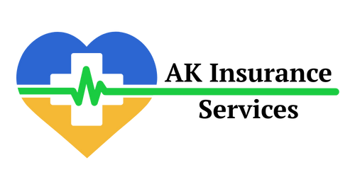 AK Insurance Services logo with blue and gold heart and green heartbeat line