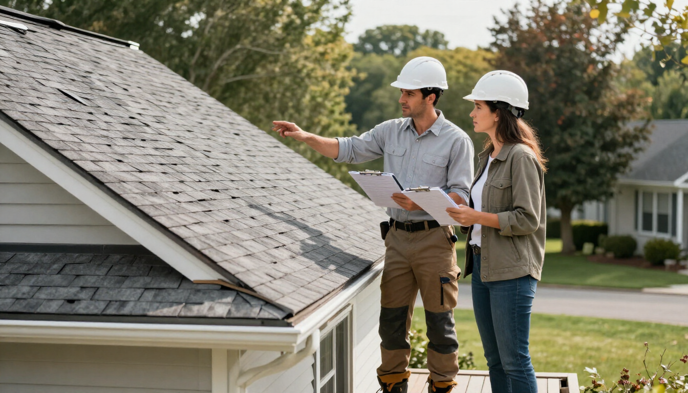 Homeowner discussing roof inspection results with a professional roofer