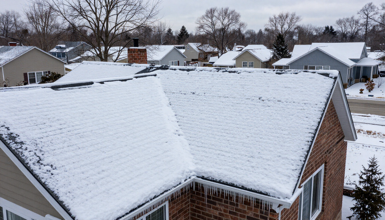 Snow and ice on a residential roof after a Midwest winter storm