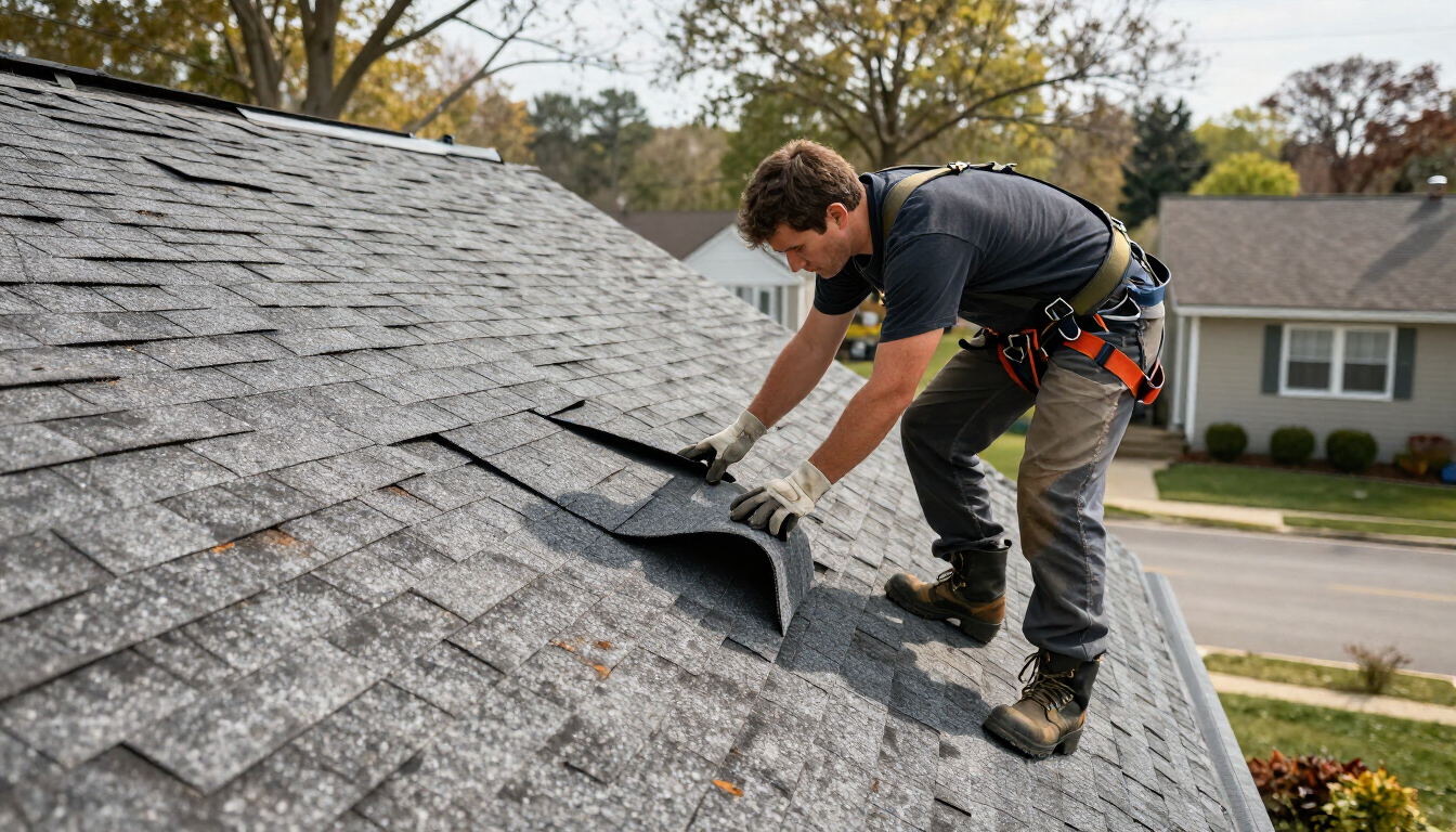 Roofer examining roof shingles for damage