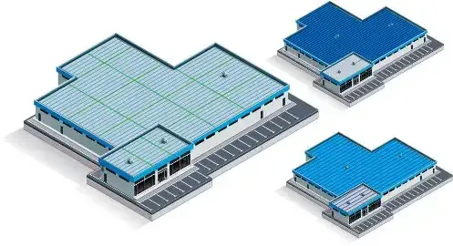 Isometric blue-and-gray modular building layout with three views of the same structure