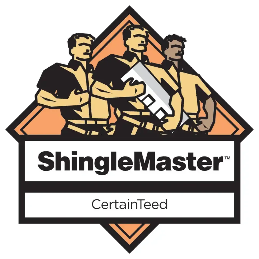 ShingleMaster CertainTeed logo with three workers over an orange diamond emblem