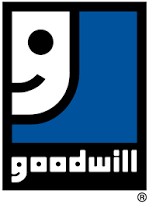 Goodwill logo with stylized white “g” on blue and black background