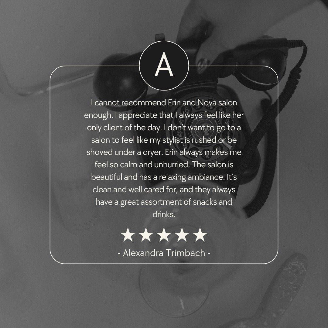 Review with five stars for a salon, set against a blurred background of a phone.