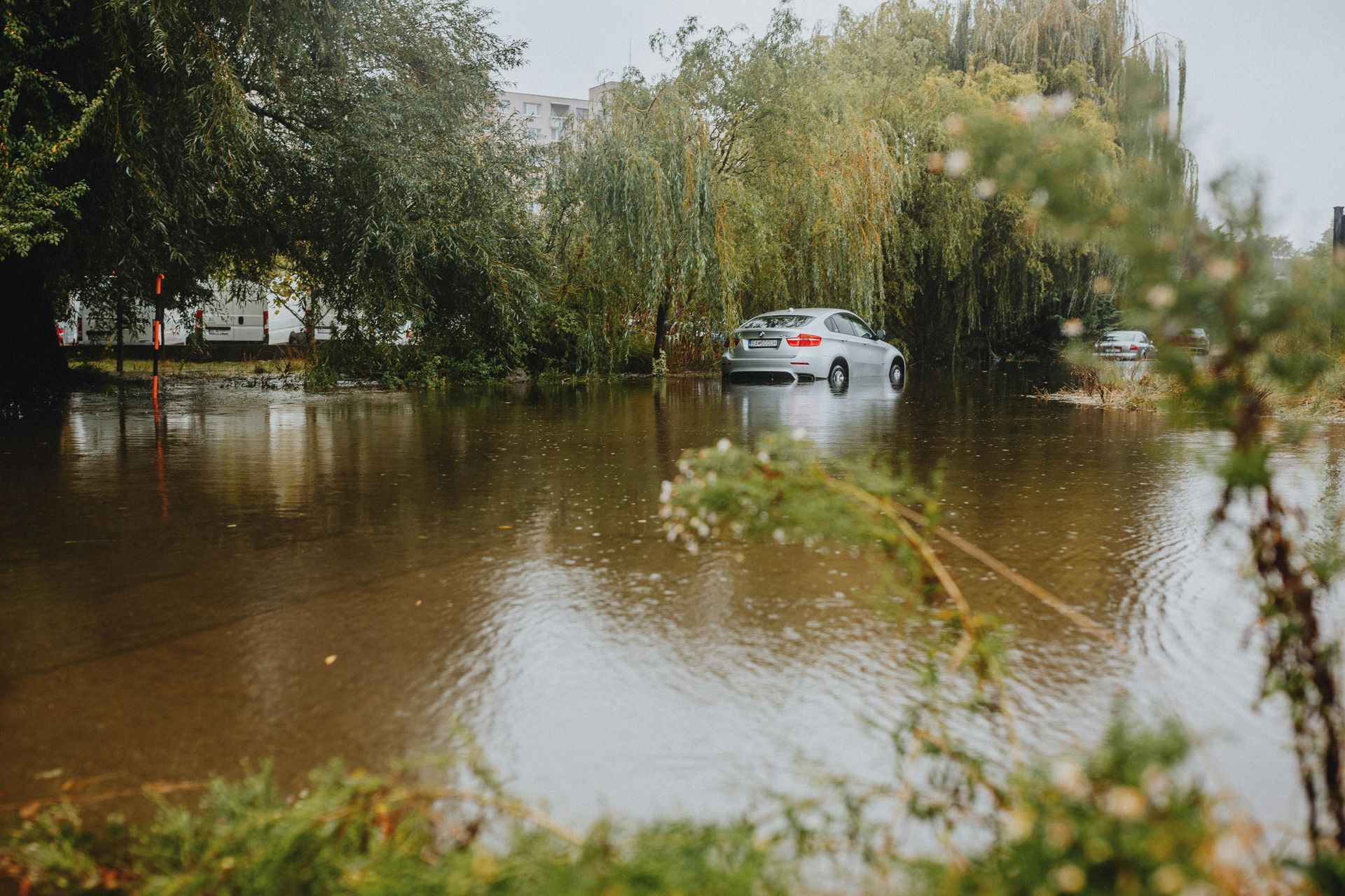 A silver car is partially submerged in deep floodwaters on a tree-lined road during a gloomy, overcast day.