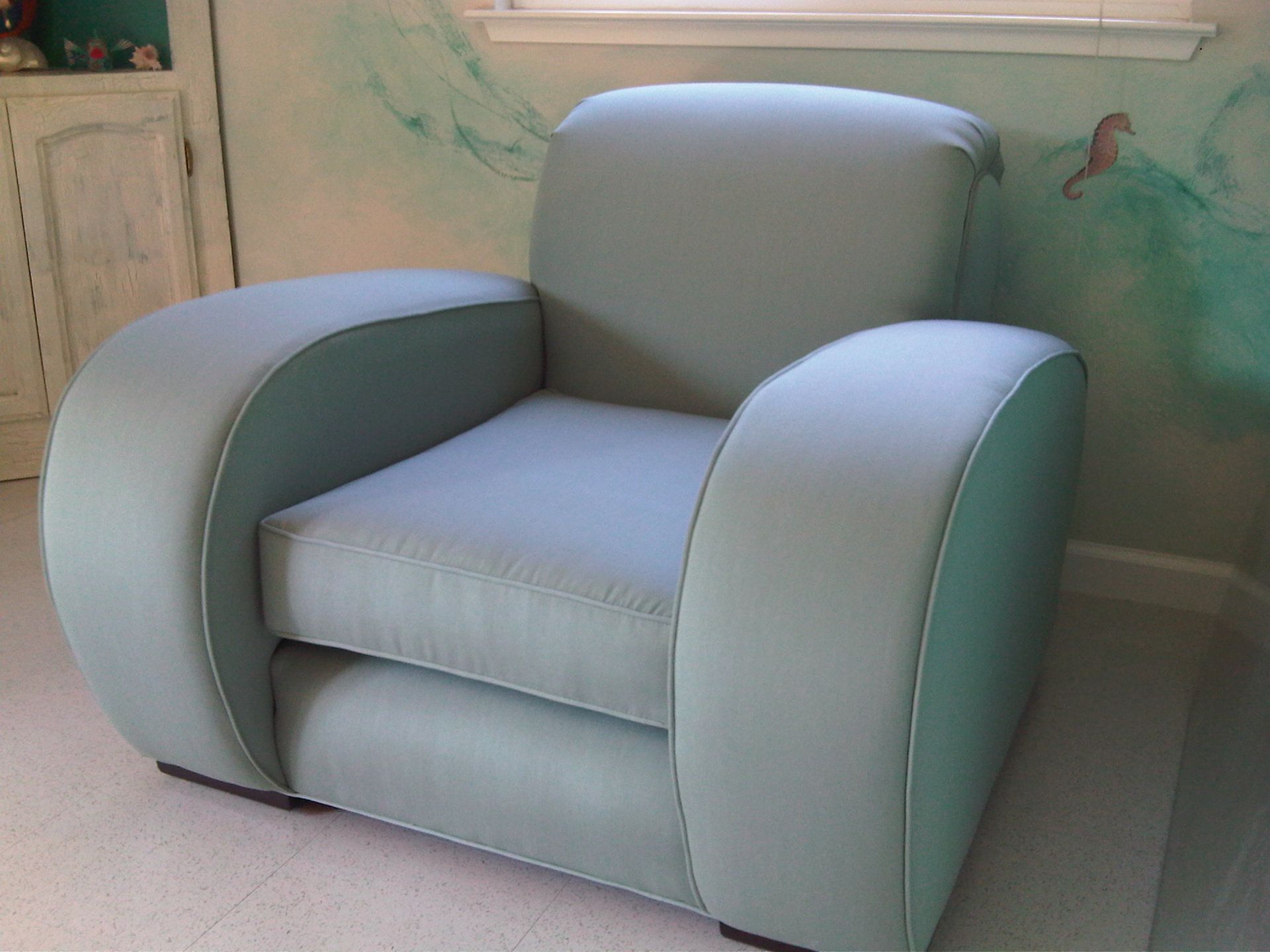 Light Blue Chair in Front of a Window — San Jose, CA — Upholstery Specialists