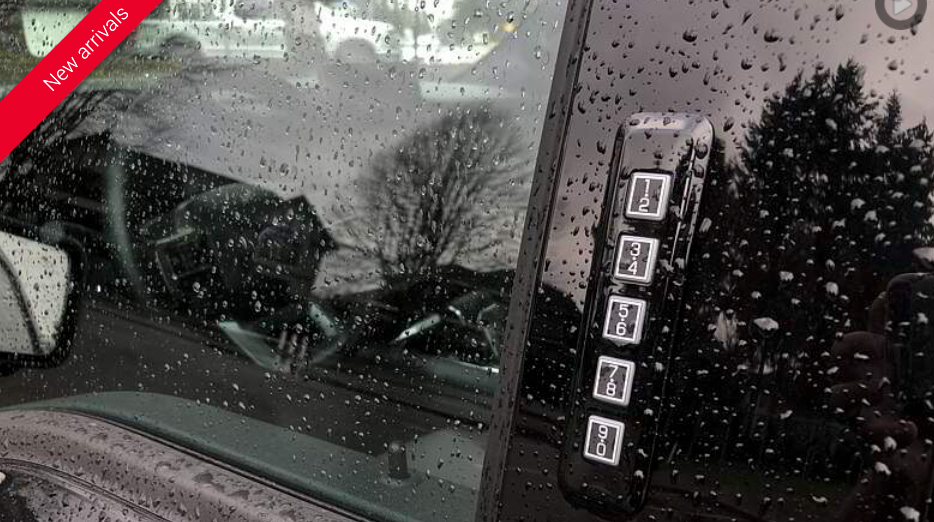 Raindrops on a car window; keypad with numbers 1, 2, 3, 4, and 5. A tree is visible through the window.