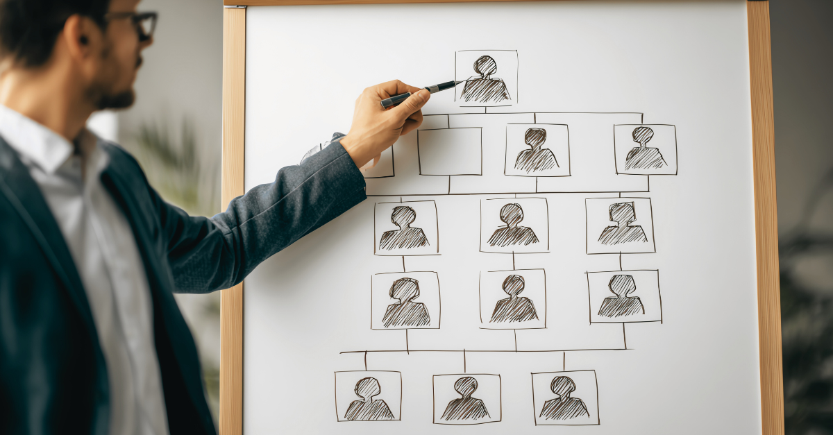 Man in suit points to a drawn organizational chart on a whiteboard, explaining roles and relationships.