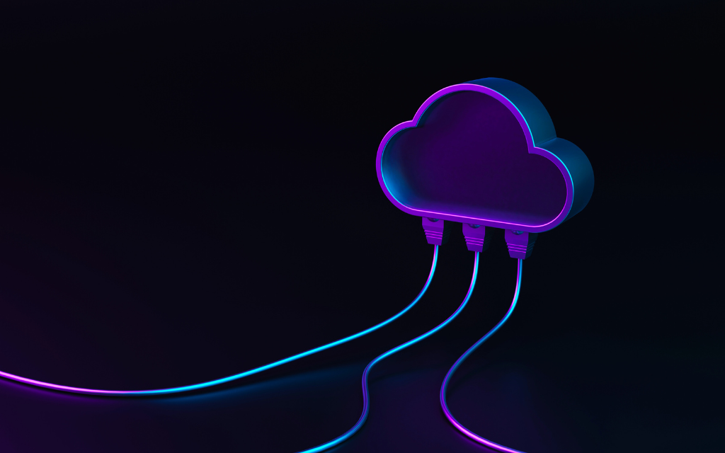 Glowing neon cloud connected by lines, against a dark background, illustrating cloud computing.