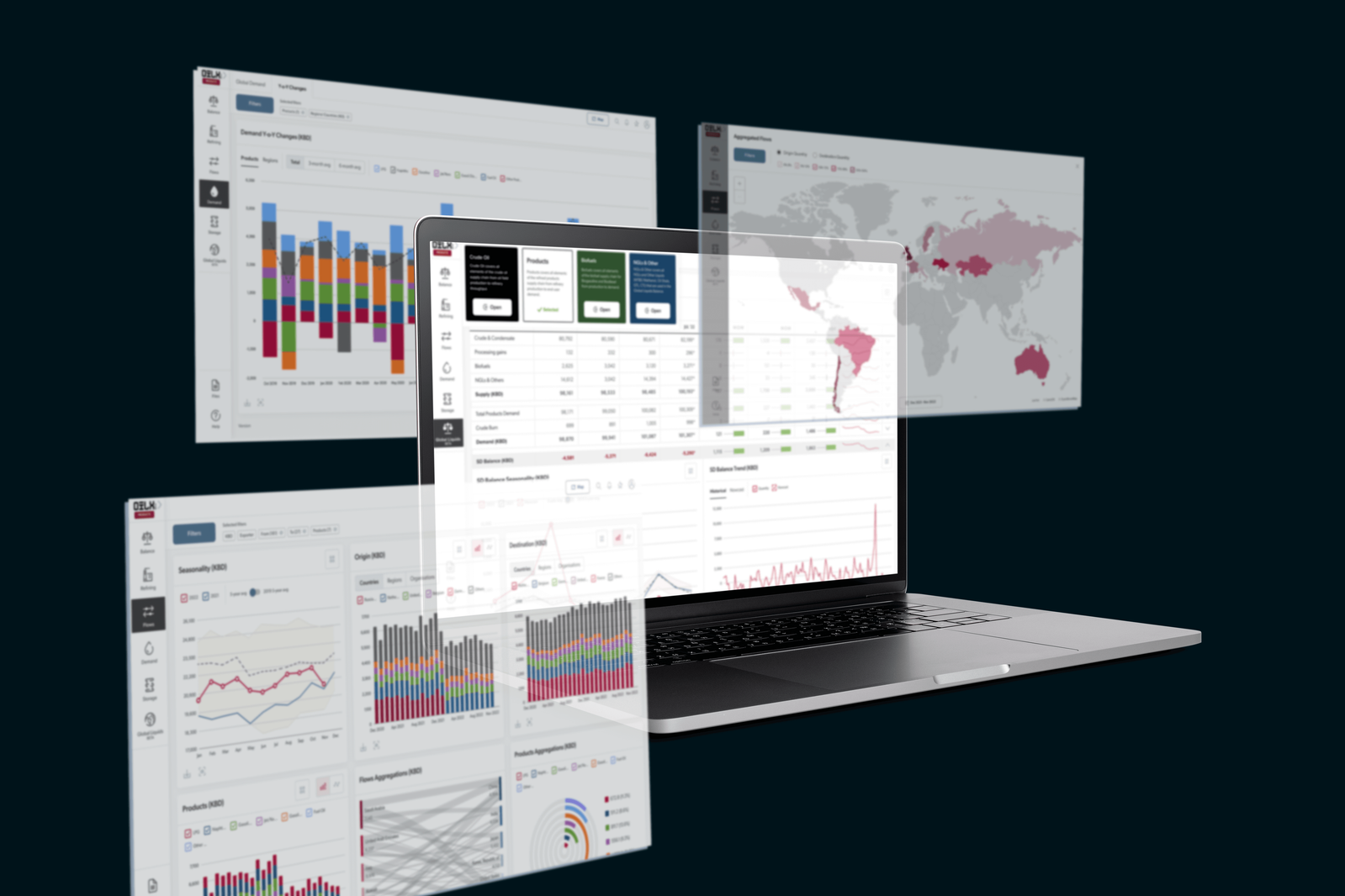 Laptop with multiple data dashboards displaying charts and graphs.
