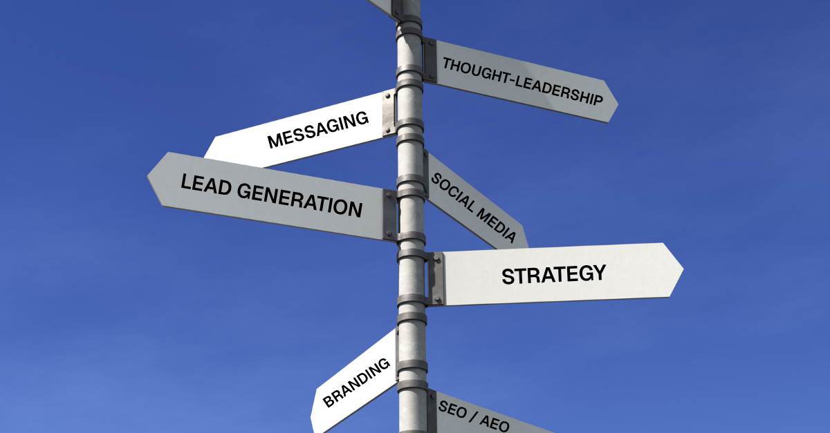 A road sign against a blue sky with arrows pointing in various directions, labeled with marketing and business terms.