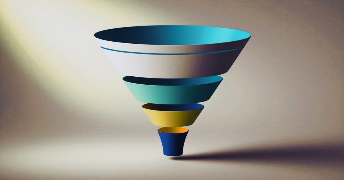 Stylized blue, gray, and yellow funnel icon on a light background