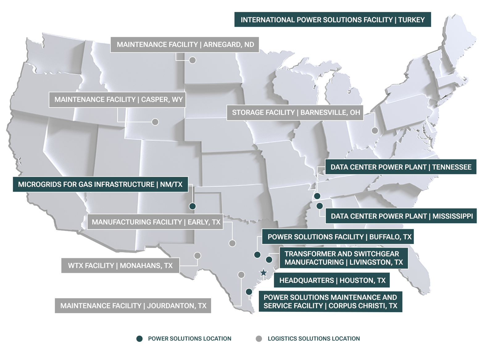 Grey map of the United States showing where Solaris works and has customers