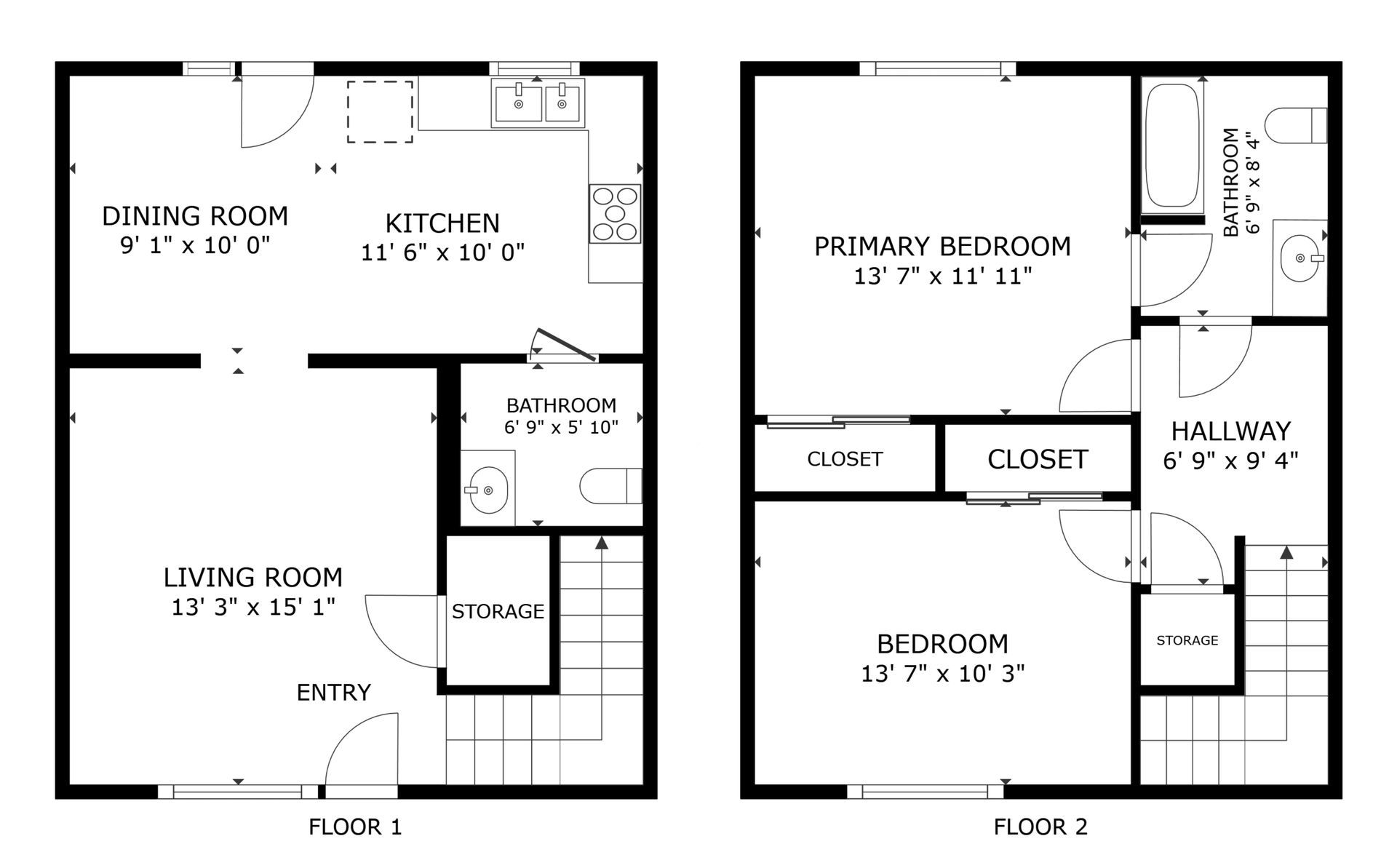 Two black-and-white house floor plans showing room layouts for a kitchen, living room, and bedrooms.