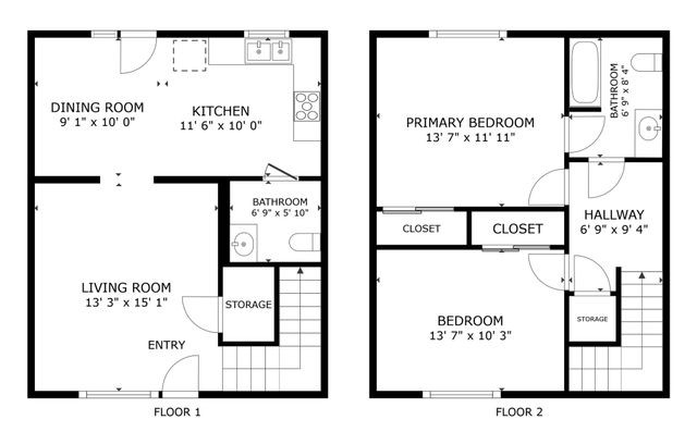 Black-and-white floor plan showing a two-bedroom apartment layout with rooms and closets labeled.