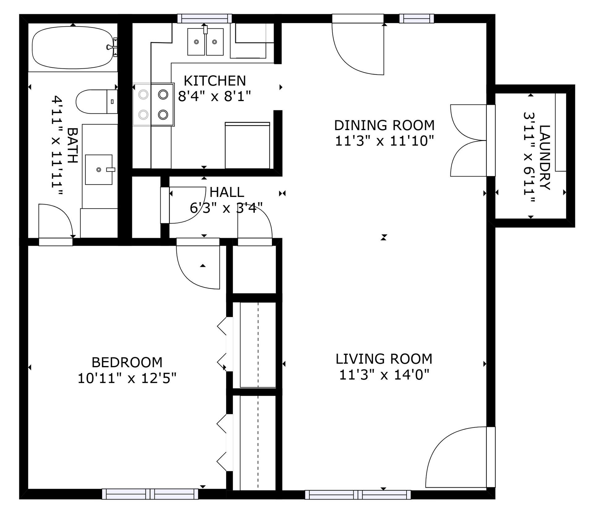Black-and-white house floor plan showing kitchen, dining room, living room, bedroom, hall, and two baths