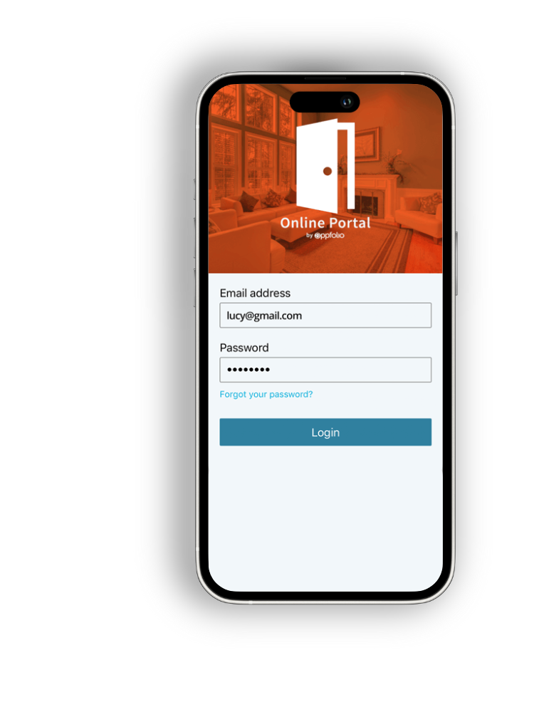 Smartphone login screen for an online portal with email and password fields and a blue login button.