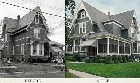 Split-screen house renovation: old gray Victorian exterior before and updated green exterior after.