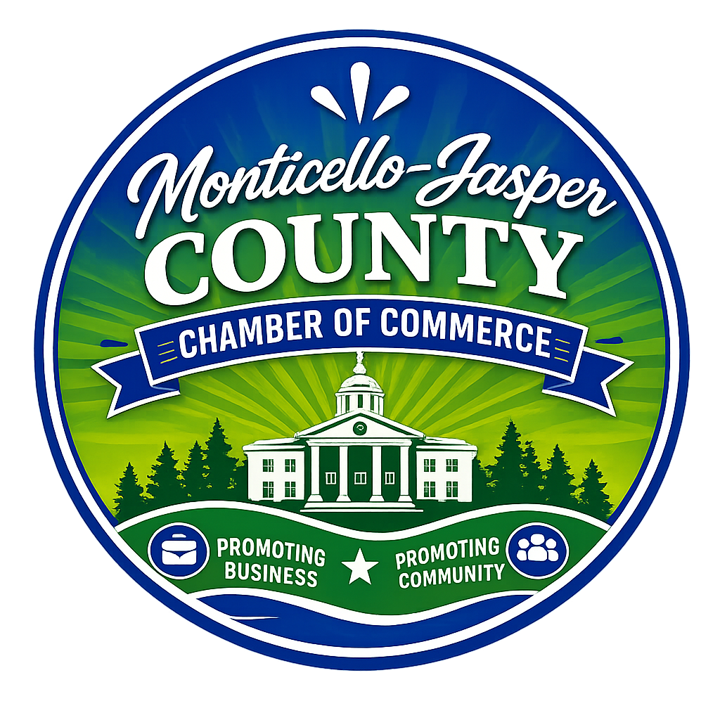 The logo for the monticello-jasper county chamber of commerce is a black and white drawing of a building.