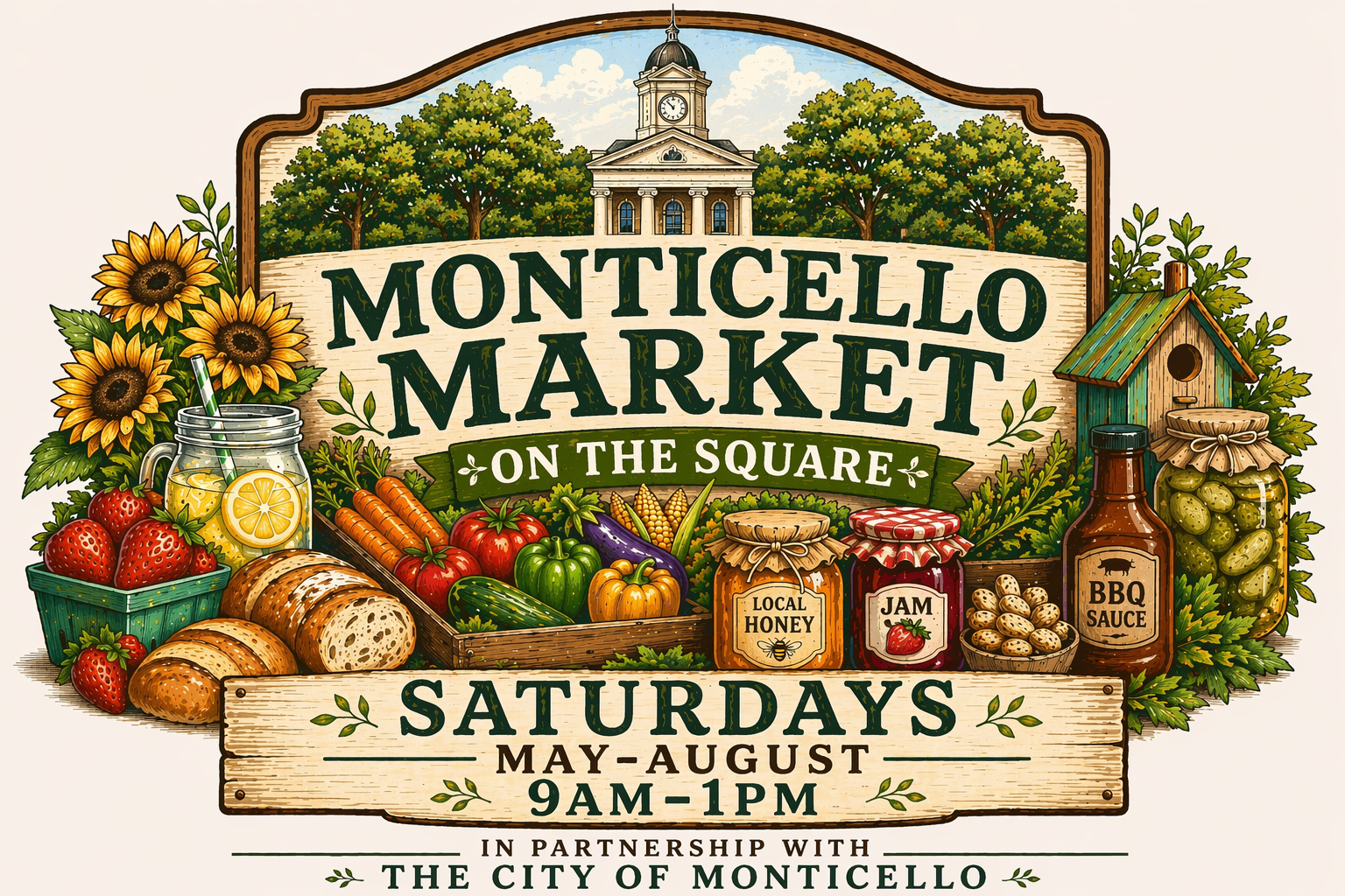 A poster for a market on the square in monticello georgia