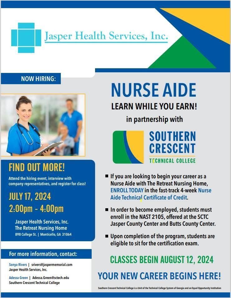 A nurse aide flyer for jasper health services inc.