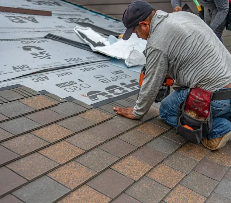 Worker kneeling on a rooftop, installing gray underlayment beside brown shingles and tools.