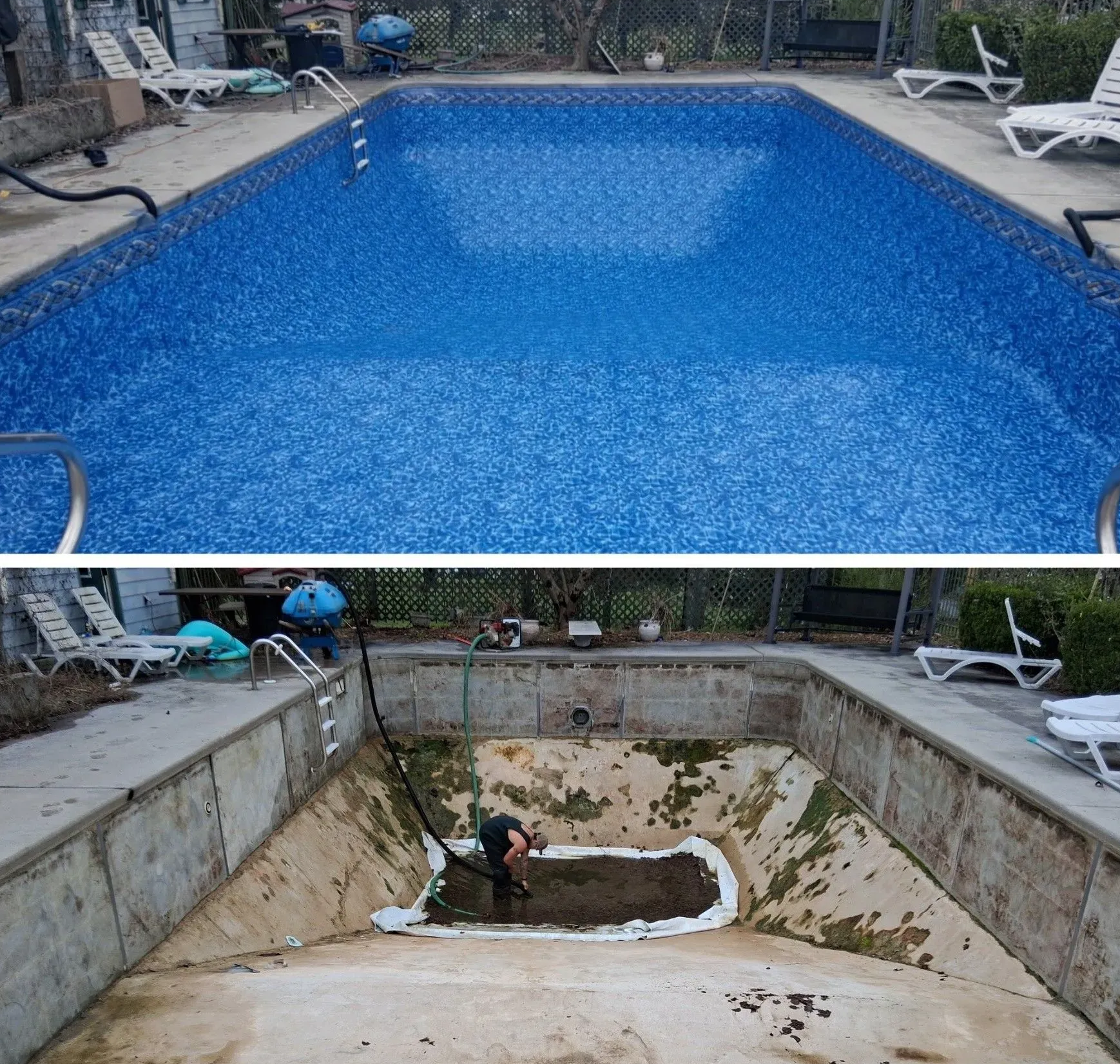 Before-and-after pool renovation: blue-filled pool above, drained concrete pool with workers below