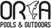 ORA Pools & Outdoors logo with a dolphin outline in black and gray text