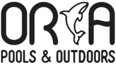 ORCA Pools & Outdoors logo with stylized dolphin in black and white