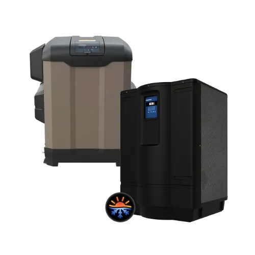 Two black and tan water softener tanks on a white background with a small logo in front